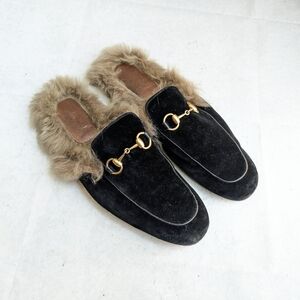 Gucci Princetown Horsebit Loafers Black Velvet Men 9.5 Fur Mules